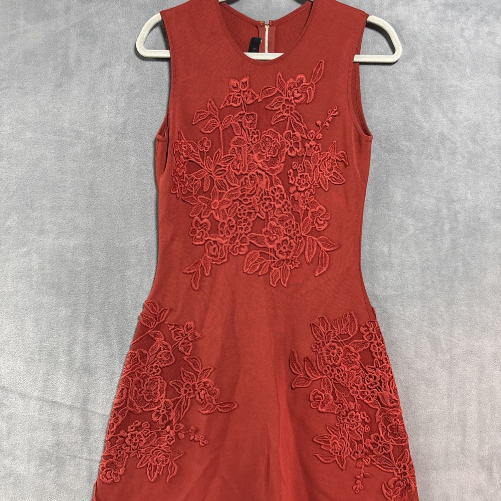 Elie Saab Cadillac Red Knit Soutache Dress Floral Braid Round Neck  Midi 38